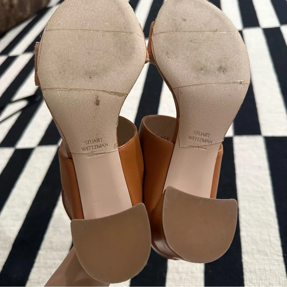 Stuart Weitzman Cognac Two-Strap Block Heel Slingbacks